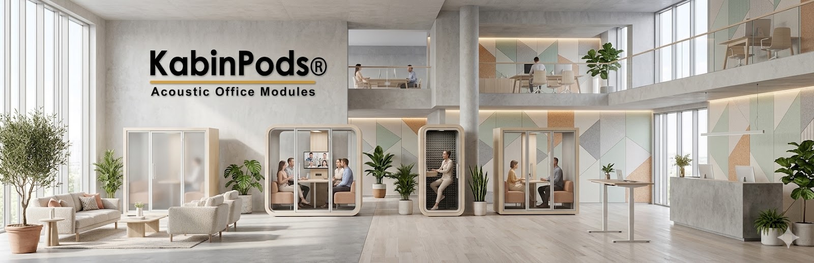Sessiz kabin ve telefon görüşme kabini ile akustik ofis düzeni